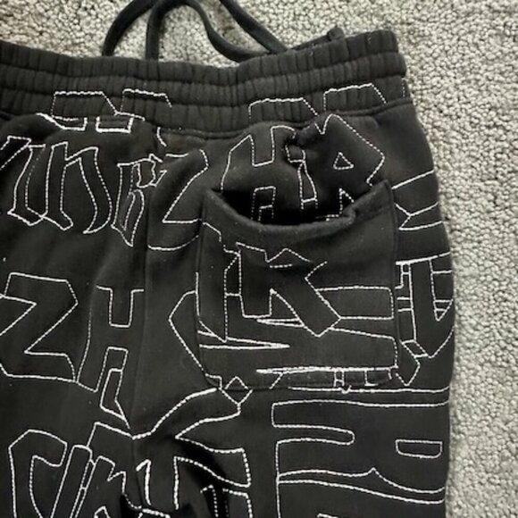 Black All Over Embroidered Stitched Graphic Messaging Drawstring Joggers -Size S - Picture 8 of 9